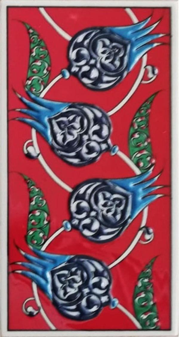 Armada Çini 10x20 Cm Ed 210 Kırmızı Nar Çiçekli El Dekoru Çini Karo - Image 1