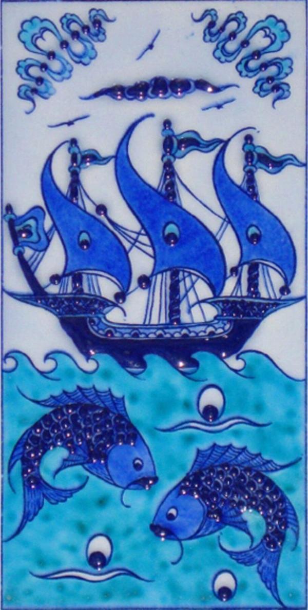 Armada Çini 10x20 cm Ed 214 Mavi Iznik Kalyon El Dekoru Çini Karo - Image 1