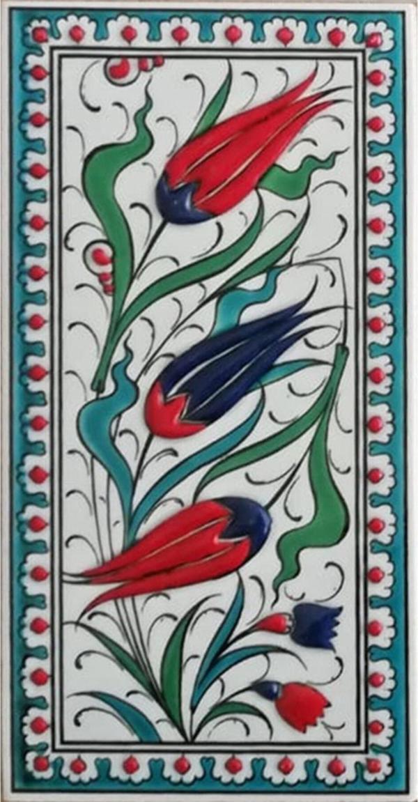 Armada Çini 10x20 cm Ed 215 Turkuaz Üç Lale El Dekoru Çini Karo - Image 1