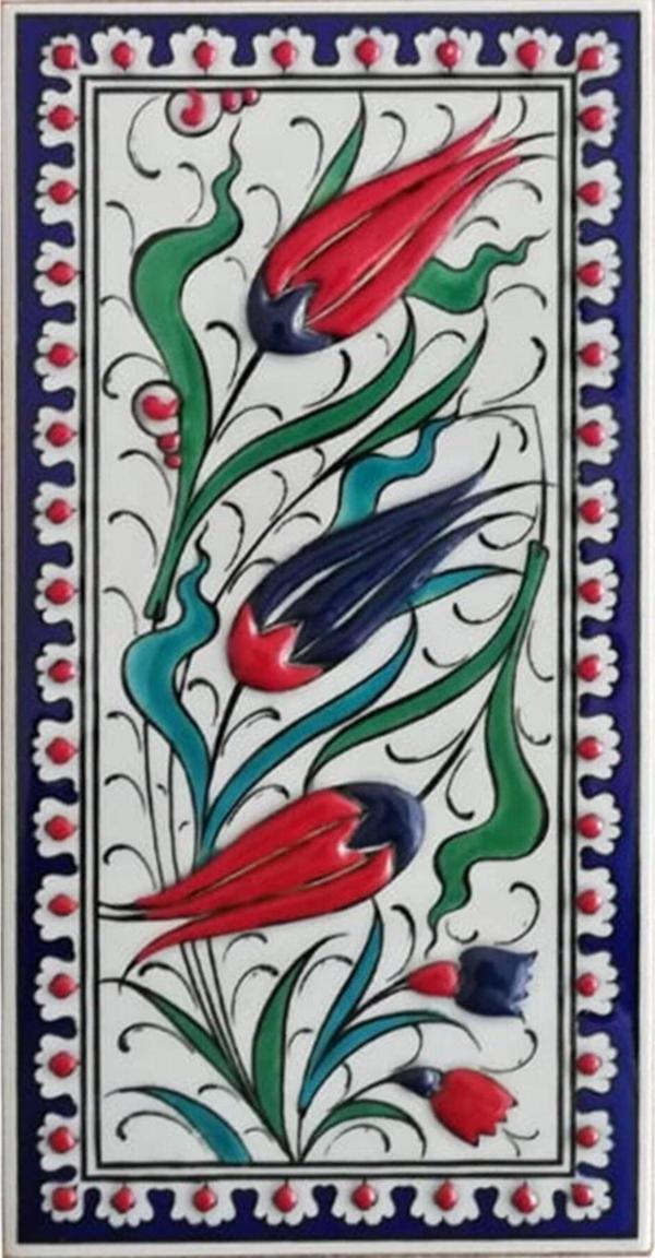 Armada Çini 10x20 cm Ed 216 Kobalt Üç Lale El Dekoru Çini Karo - Image 1