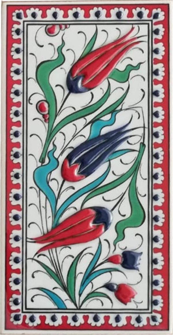 Armada Çini 10x20 Cm Ed 217 Kırmızı Üç Lale El Dekoru Çini Karo - Image 1