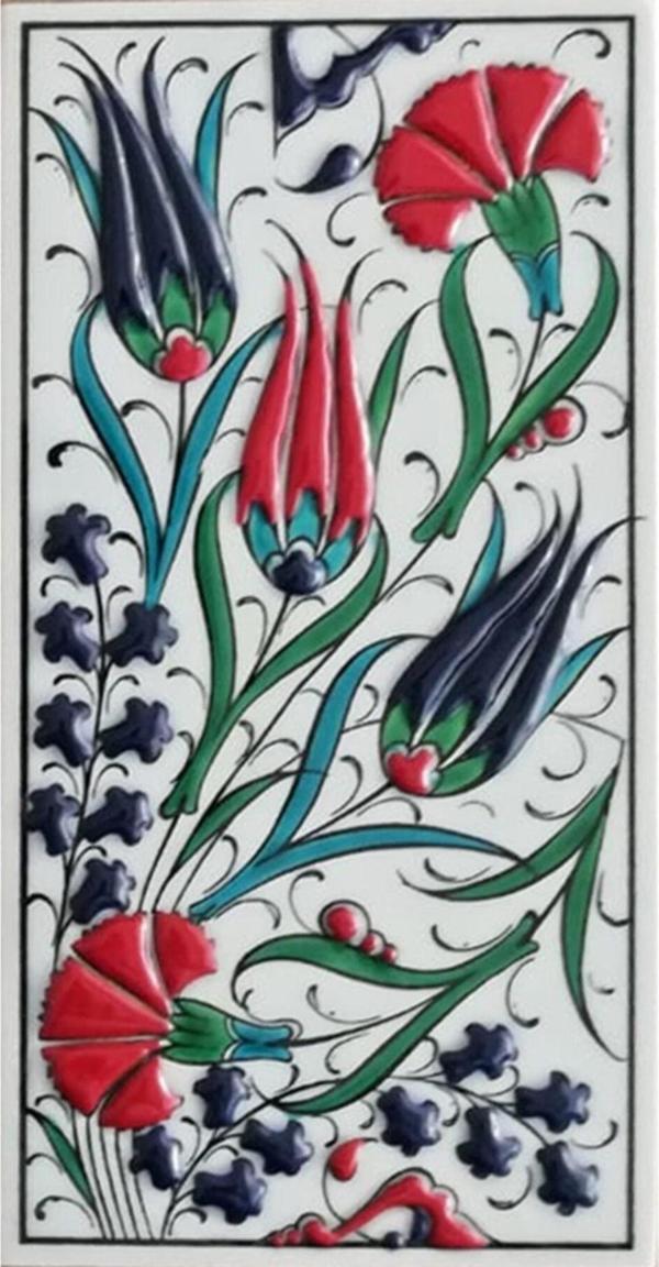 Armada Çini 10x20 Cm Ed 222 Üç Lale Karanfil Kütahya El Dekoru Karo - Image 1