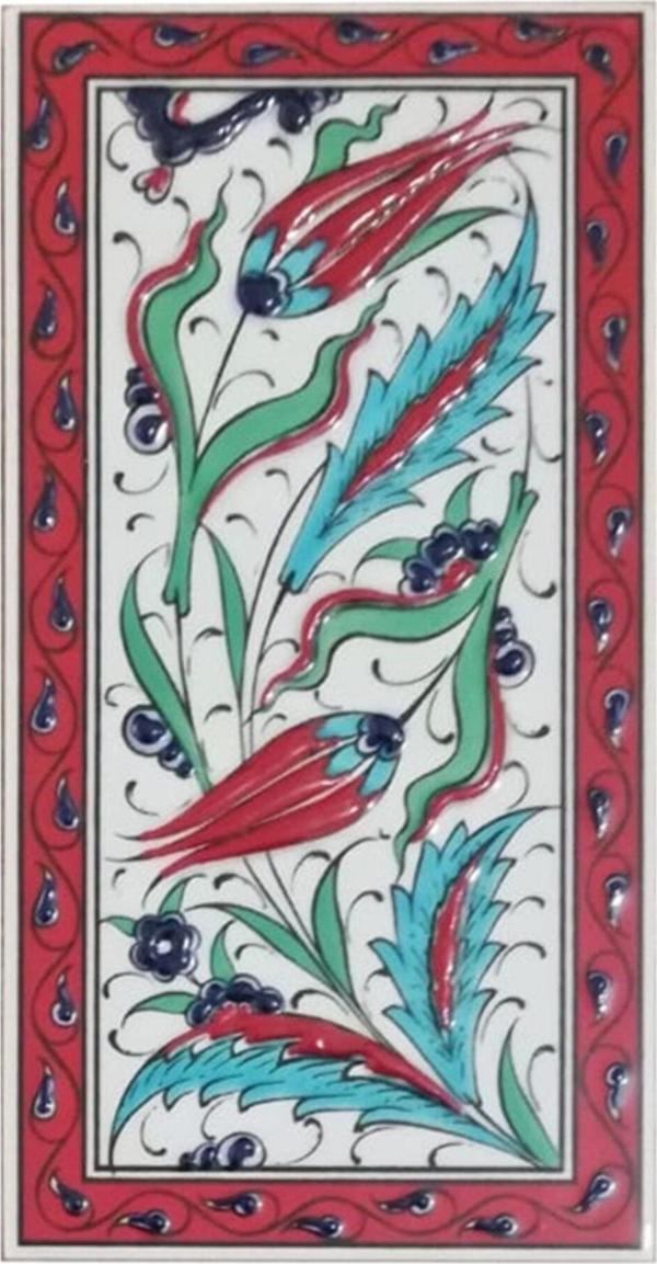 Armada Çini 10x20 cm Ed 226 Kırmızı Çerçeve Iki Lale El Dekoru Çini Karo - Image 1