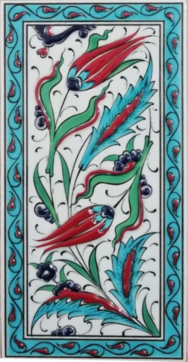Armada Çini 10x20 Cm Ed 227 Turkuaz Çerçeveli Iki Lale El Dekoru Karo - Image 1