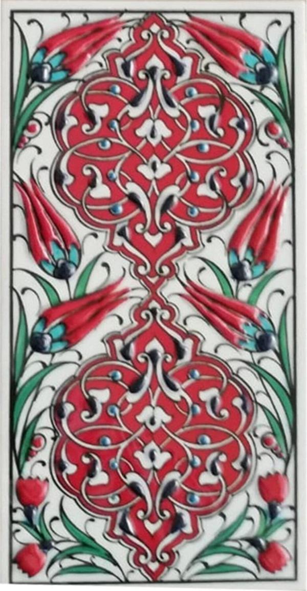 Armada Çini 10x20 cm Ed 230 Kırmızı Rumi Desenli El Dekoru Çini Karo - Image 1