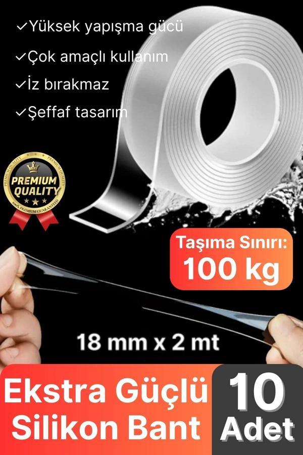 10 Adet Çok Amaçlı Çift Taraflı İz Bırakmaz Tamir Montaj Bandı Şeffaf Güçlü Silikon Bant 18mm X 2 mt - Image 1