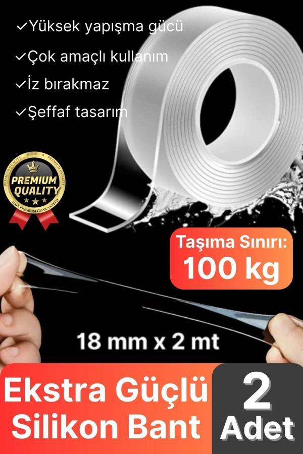 2 Adet Çok Amaçlı Çift Taraflı İz Bırakmaz Tamir Montaj Bandı Şeffaf Güçlü Silikon Bant 18 mm X 2 mt - Image 1