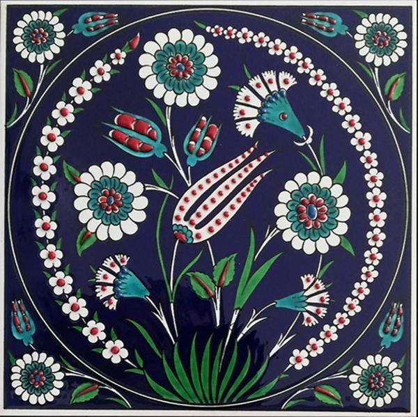 Armada Çini 20x20 Cm Ed 338 Kobalt Lale Desenli Eldekoru Çini Karo - Image 1
