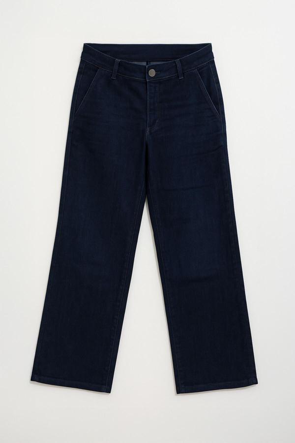 Kadın Yüksek Bel Geniş Kesim Esnek Lacivert Jean Pantolon - Image 1
