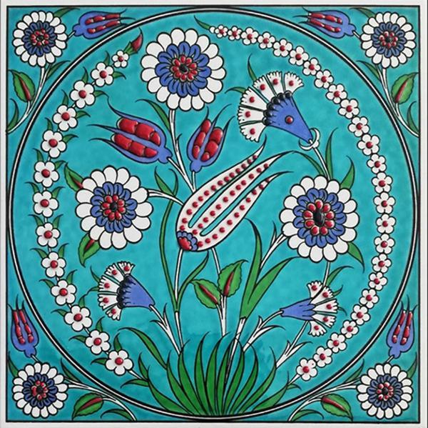 Armada Çini 20x20 Cm Ed 339 Turkuaz Lale Desenli Eldekoru Çini Karo - Image 1
