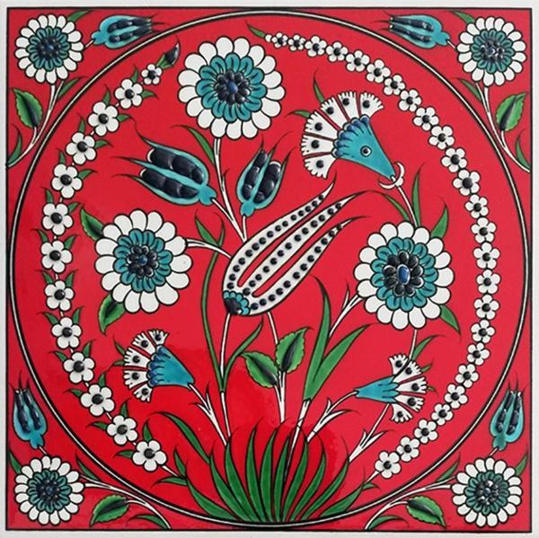 Armada Çini 20x20 Cm Ed 340 Kırmızı Lale Desenli Eldekoru Çini Karo - Image 1