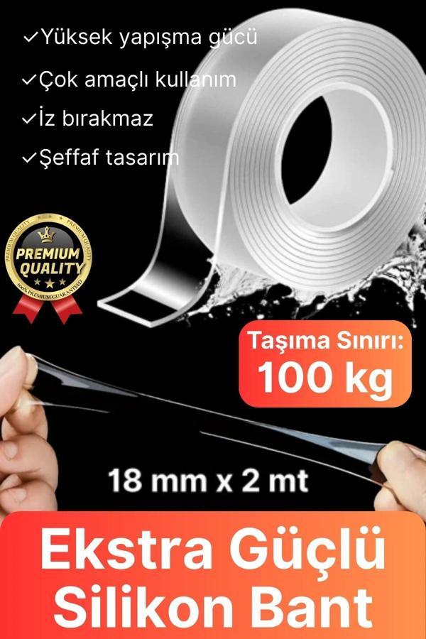 Çok Amaçlı Dayanıklı Çift Taraflı İz Bırakmaz Tamir Montaj Bandı Şeffaf Güçlü Silikon Bant 18mmX 2mt - Image 1
