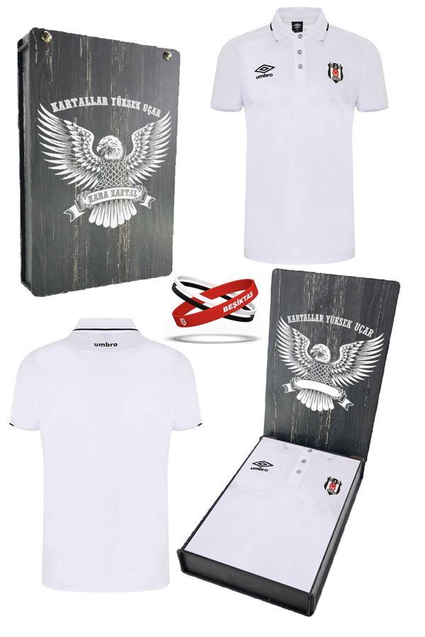 Beşiktaş Orijinal Lisanslı Polo Yaka Beyaz T-Shirt + Bileklik Set Hediyelik Ahşap Kutulu - Image 1