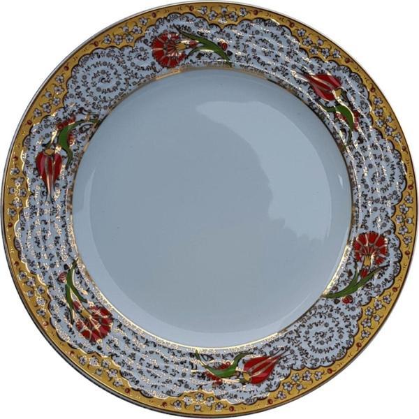 Armada Çini Armada Cini Prt 53 25 Cm Sarı Altın Yaldızlı Lale Karanfil Desenli Porselen Kaligrafi Cini Tabak - Image 1