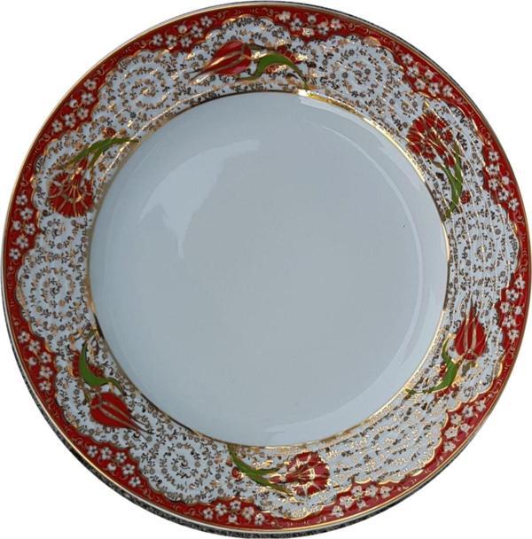 Armada Çini Armada Cini Prt 54 25 Cm Kırmızı Altın Yaldızlı Lale Karanfil Porselen Kaligrafi Cini Tabak - Image 1