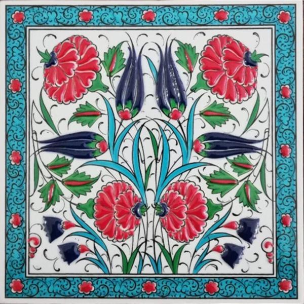 Armada Çini 20x20 Cm Ed 306 Turkuaz Lale Karanfil El Dekoru Çini Pano - Image 1
