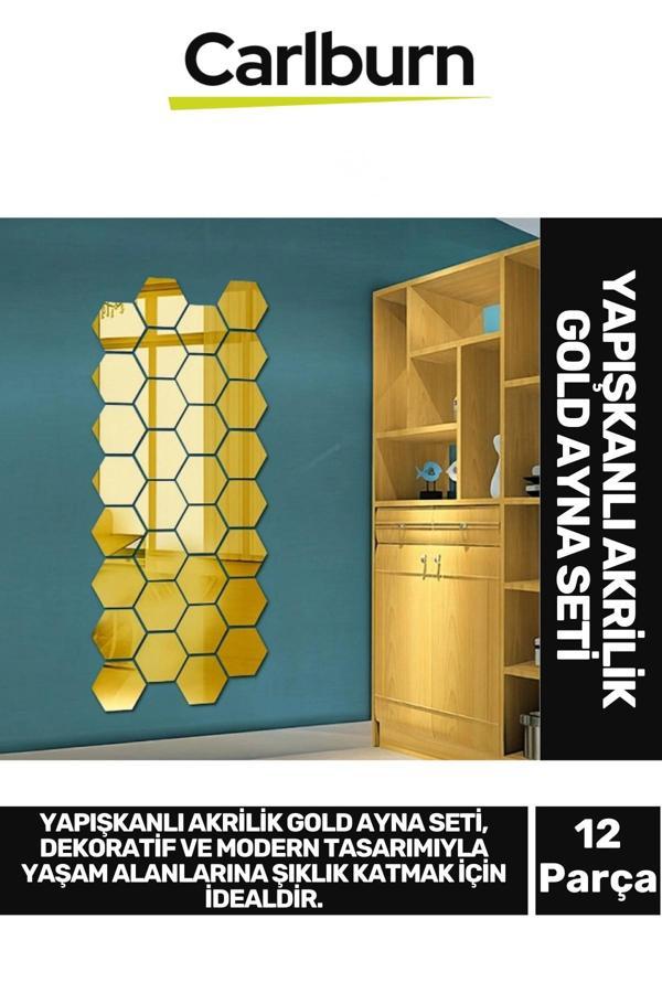 Özel Üretim Dekoratif Modern Altıgen Ev Ofis Duvar Dolap Yapışkanlı Akrilik Gold Ayna Seti 12 Adet - Image 1