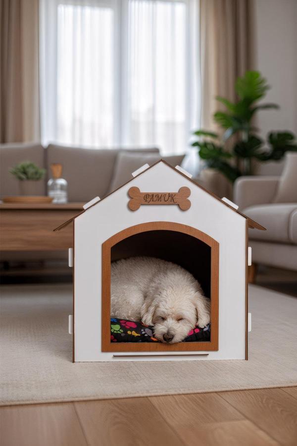 Ahşap Özel İsim Baskılı Dekoratif Köpek Evi-Kulübesi, Küçük Irk Köpekler İçin Kulübe, Köpek Kulübesi Beyaz-Kahverengi - Image 1