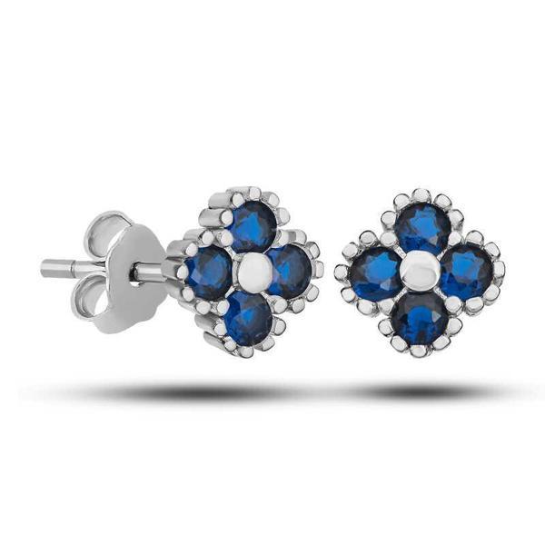 Gümüş Yonca Çivili Mavi Taşlı Çocuk Küpe - Image 1