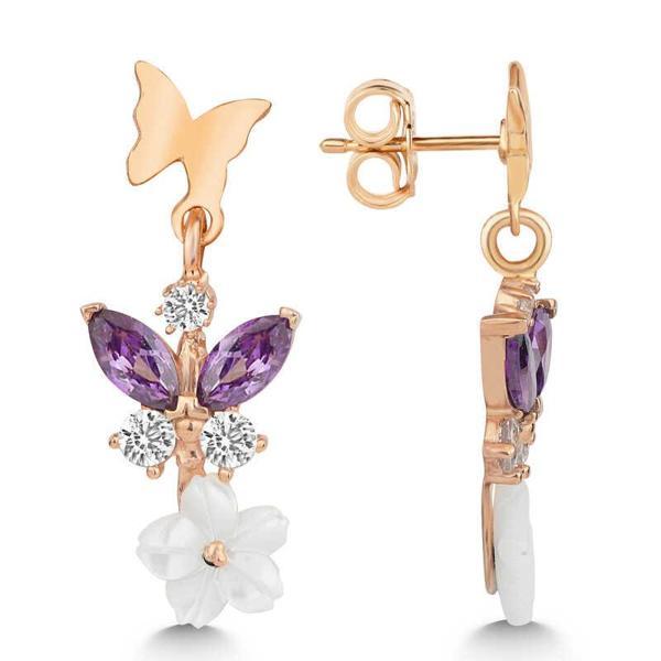 Gümüş Rose Mor Taşlı Sedef Çiçek Çivili Kadın Küpe - Image 1