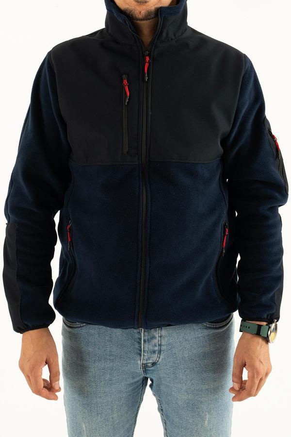Erkek Lacivert Slim Fit Tüylenme Yapmayan Tam Fermuar Softshell Garnili Polar Sweatshirt - Image 1