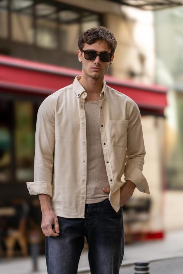 GRİNDER Çıtçıt Cepli Düğmeli Slim Fit Gömlek - Bej - Image 1