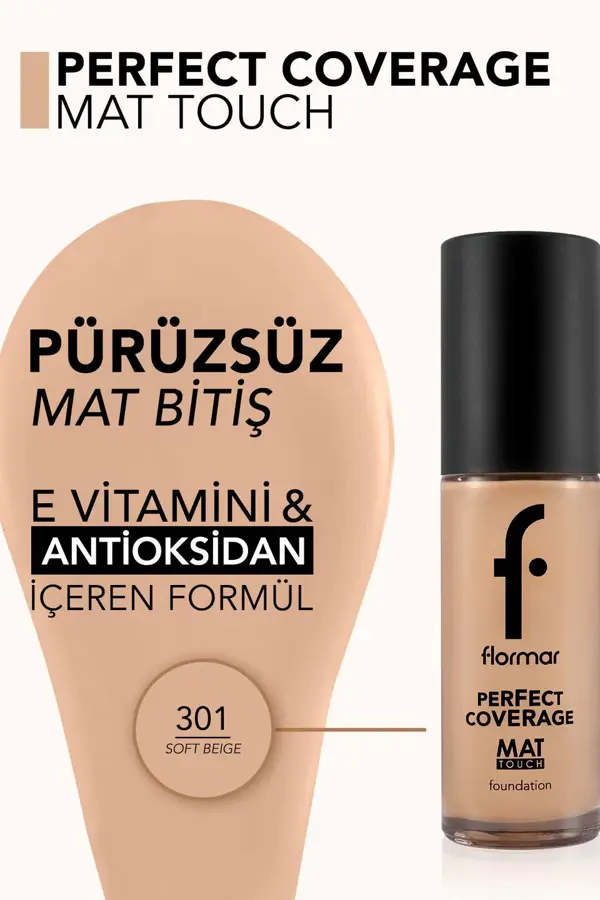 Flormar Mat Birişli E Vitamini İçeren Fondöten  - Mat Touch Foundation - 301 Soft Beige - Image 1
