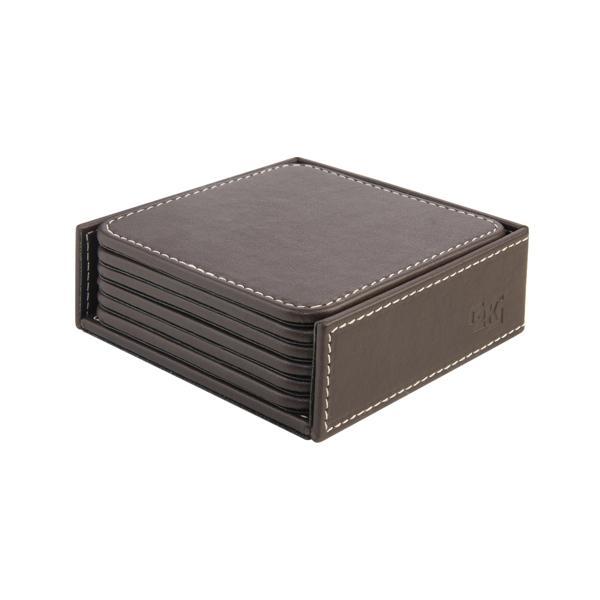Bardak Altlığı,6’lı Set,Masaüstü Kare Cup Coaster,Vegan Suni Deri,11x11 cm.,Kahverengi - Image 1