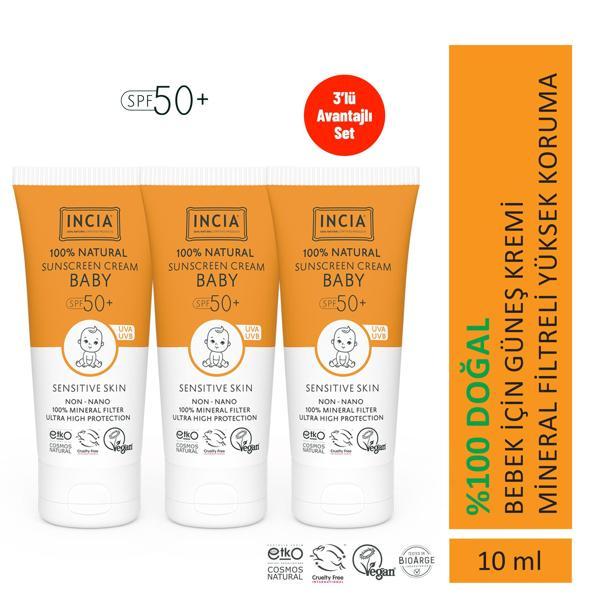 INCIA %100 Doğal Bebek Güneş Kremi Leke Karşıtı Mineral Filtreli Yüksek Koruma SPF 50+ UVA UVB 10 ml X3 Adet - Image 1