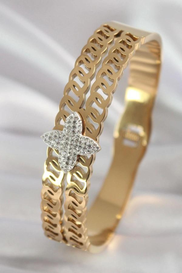 316L Çelik Gold Renk Zirkon Taşlı Çiçek Model Kadın Kelepçe - Image 1