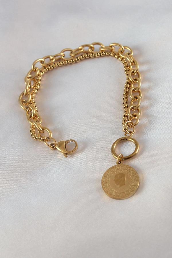316L Çelik Gold Renk 2'li Zincir Model Çeyrek Altınlı Kadın Bileklik - Image 1