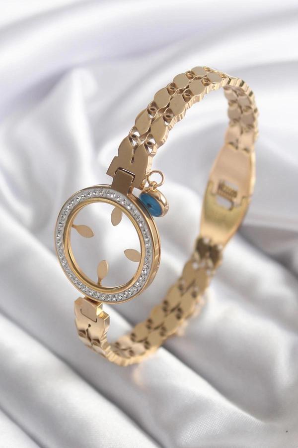 316L Çelik Gold Renk Arpa Model Zirkon Taş Detay Çeyrek Altın Takılabilir Kadın Kelepçe - Image 1
