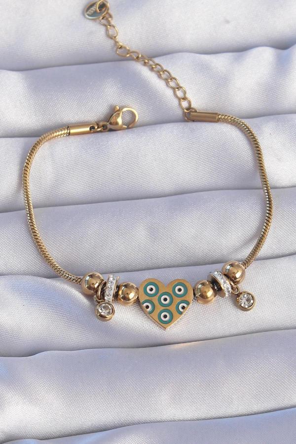 316L Çelik Gold Renk Zirkon Taşlı Nazarlı Kalp Tasarımlı Bileklik - Image 1