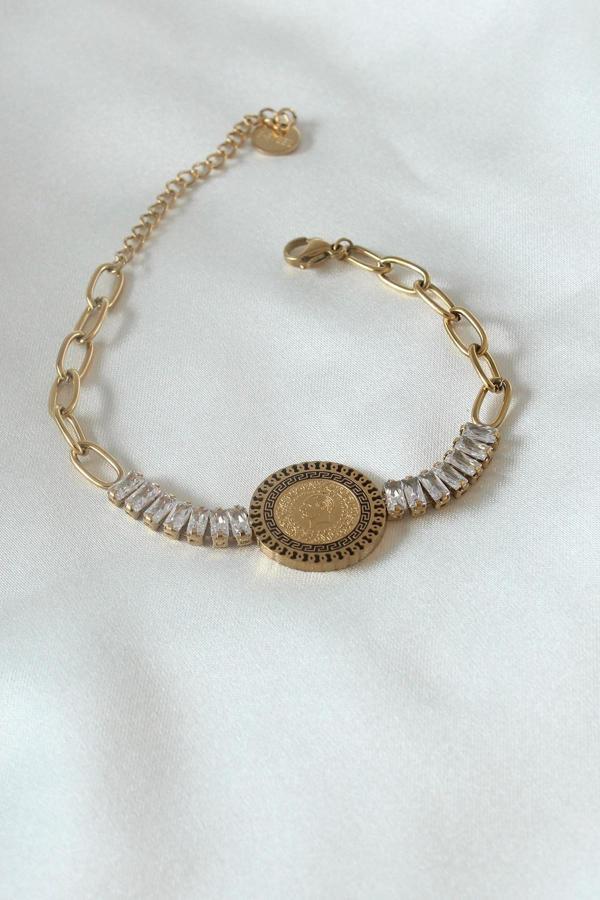 316L Çelik Gold Renk Tam Altın Modelli Zirkon Taşlı Kadın Bileklik - Image 1