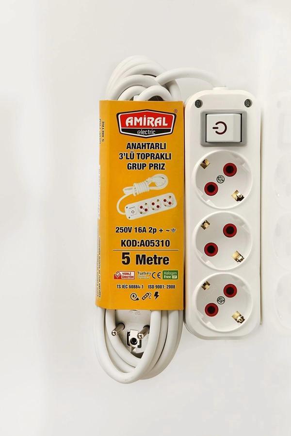 Amiral 3' Lü Topraklı Anahtarlı 5 Metre Kablolu Grup Priz - Image 1