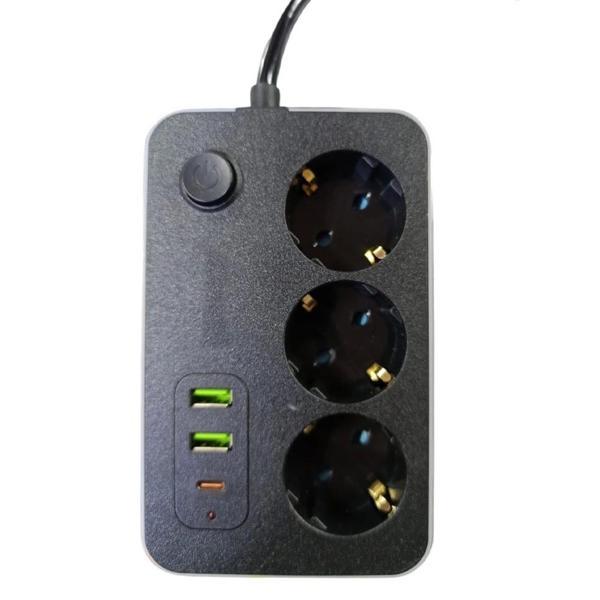 3 lü Akım Korumalı 2 Adet USB 1 Adet Type-C Girişli Priz 3414 - Image 1