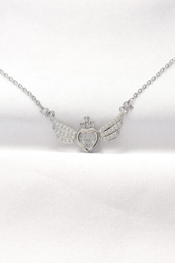 316L Çelik Silver Renk Zirkon Taşlı Kalpli Kanat Kolye - Image 1