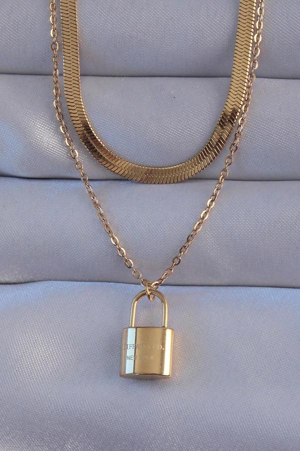 316L Çelik Gold Renk Çift Zincir Kilit Model Kolye - Image 1