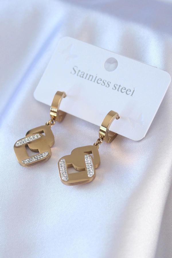316L Çelik Gold Renk Zirkon Taşlı Kadın Küpe - Image 1