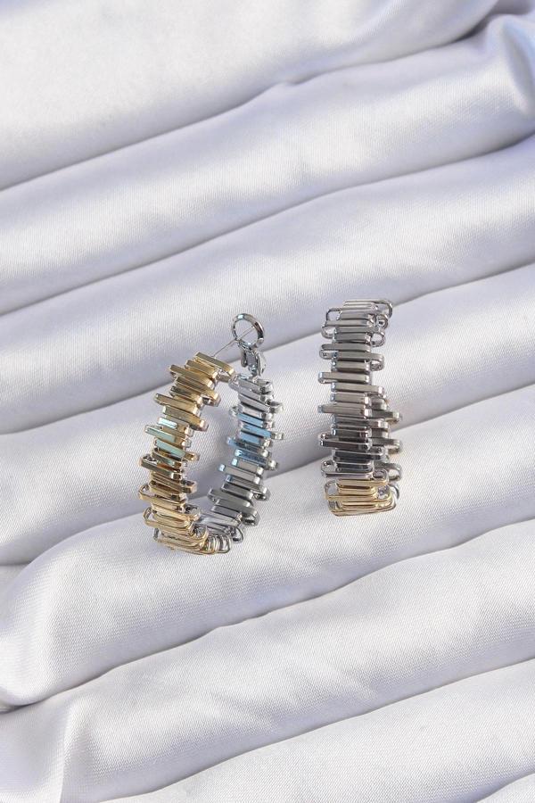 Pirinç Gold Gümüş Renkli Tırtıklı Halka Küpe - Image 1
