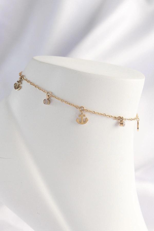 316L Çelik Gold Renk Zirkon Taşlı Minimal Çapa Tasarımlı Halhal - Image 1