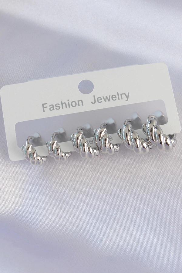 Pirinç Gümüş Renk Minimal Tırtıklı Küpe Seti - Image 1