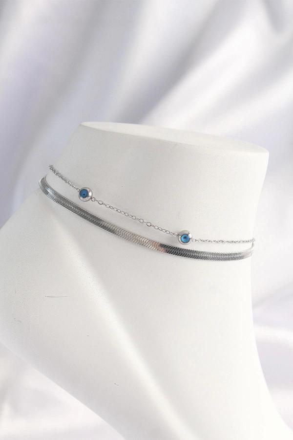 316L Çelik Gümüş Renk Nazar Boncuk Tasarımlı 2li Halhal - Image 1