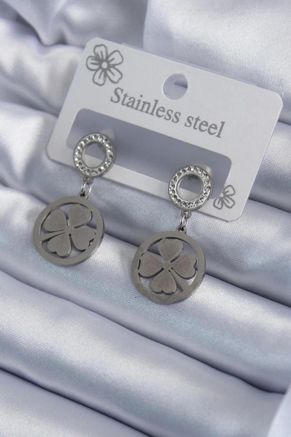 316L Çelik Gümüş Renk Zirkon Taşlı Yonca Model İşleme Detay Kadın Küpe - Image 1