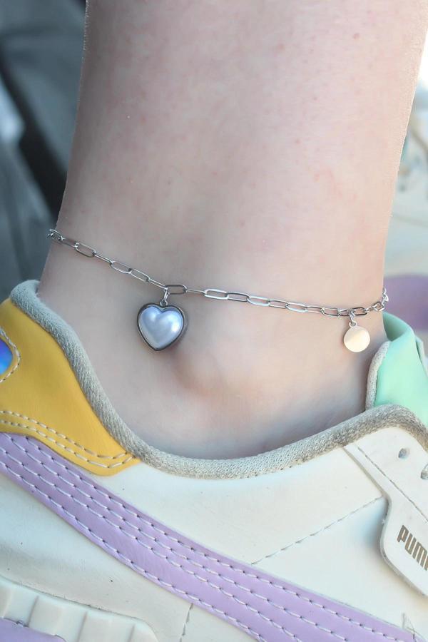 316L Çelik Gümüş Renk Kalp Model Kadın Halhal - Image 1