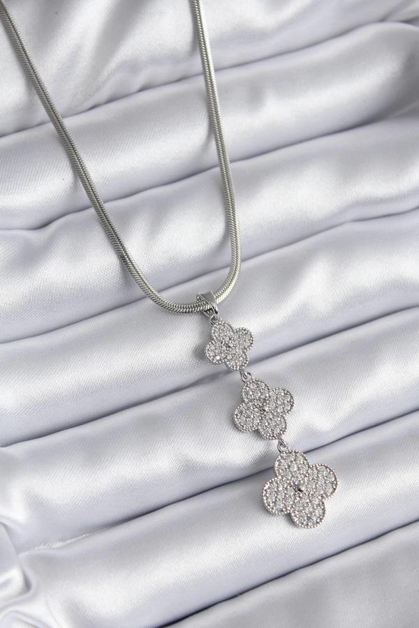316L Çelik Gümüş Renk İtalyan Zincir Zirkon Taşı Yonca Model Kadın Kolye - Image 1