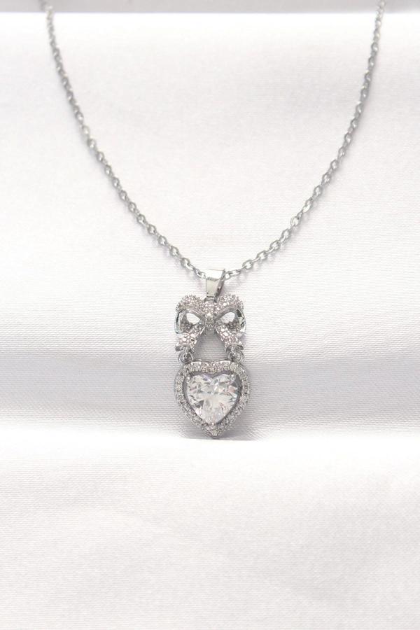 316L Çelik Silver Renk Zirkon Taşlı Kalpli Fiyonk Kolye - Image 1