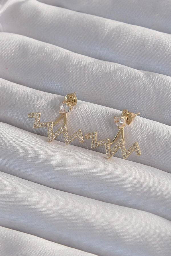 Pirinç Gold Renk Zirkon Taşlı Zikzak Küpe - Image 1