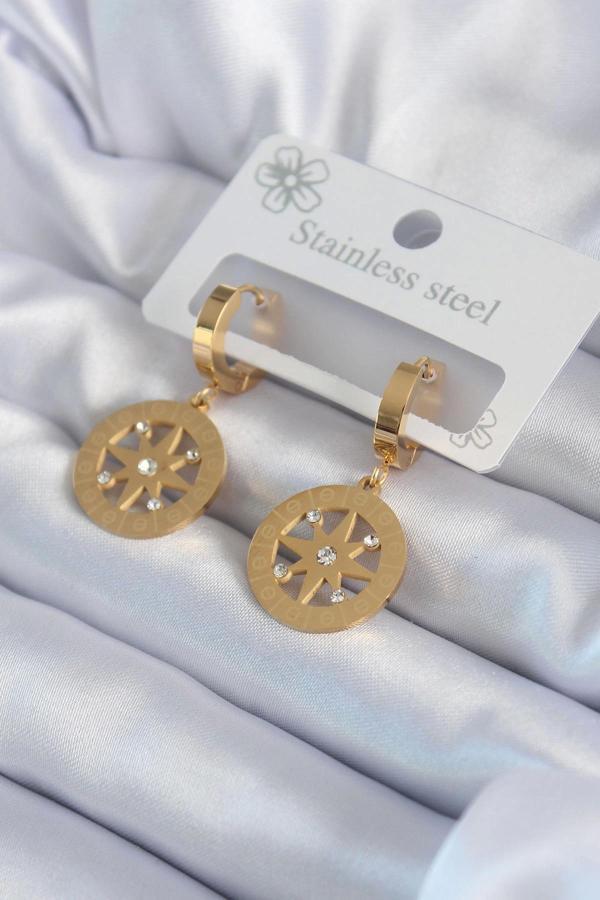 316L Çelik Gold Renk Kutup Yıldızı Model İşleme Detay Zirkon Taşlı Kadın Küpe - Image 1