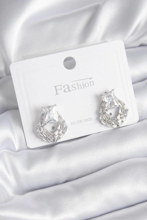 Pirinç Gümüş Renk Zirkon Taşlı Kadın Küpe - Image 1